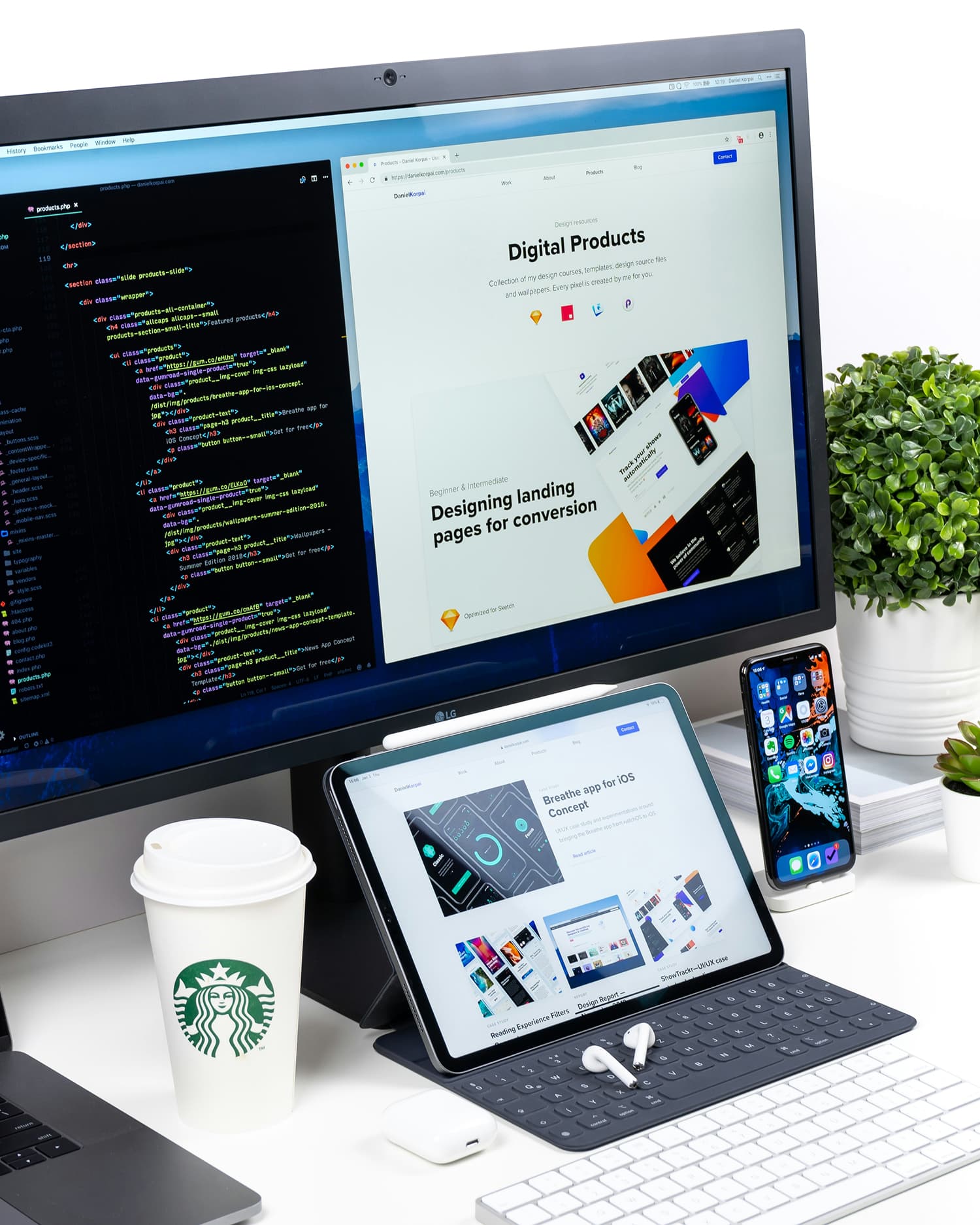 A modern workspace with a website displayed on screen